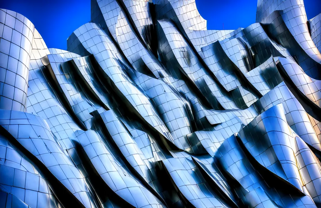 Prompt: the rules of proportion, scale, and perspective are disregarded the rules of proportion, scale, and perspective are disregarded work of art blacklight photography building by frank gehry