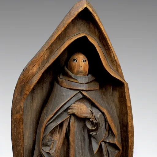 Image similar to a 1 7 th century wood carving of a hooded figure with a large sack hung over his back