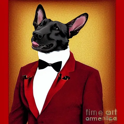 Image similar to german shepherd wearing a tuxedo with a red bow tie, digital art, highly detailed,