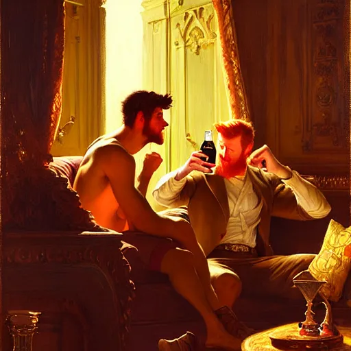 Prompt: attractive male mike and attractive male tyler, one is ginger and the other brunet, drinking their hearts out, in their noble mansion, at night. highly detailed painting by gaston bussiere, craig mullins, j. c. leyendecker 8 k