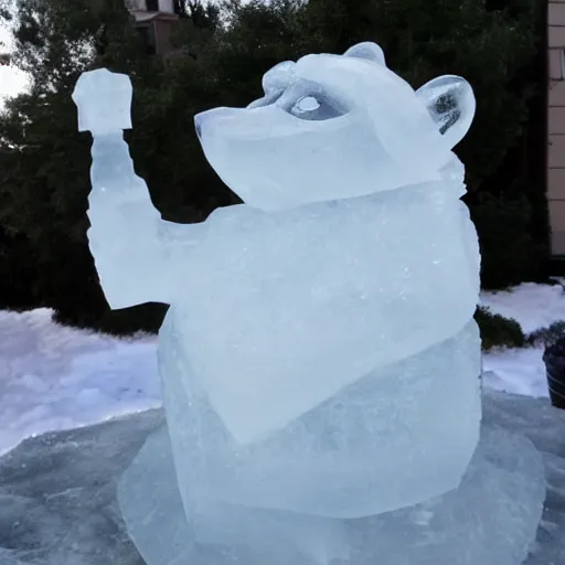 Prompt: an ice sculpture of a raccoon striking a heroic pose.