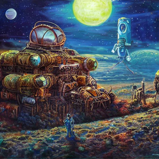 Image similar to astronauts land on ancient post - apocalyptic planet, jim henson creature shop, vivid and colorful, thomas kincaid, cinematic, oil painting, highly detailed, illustration