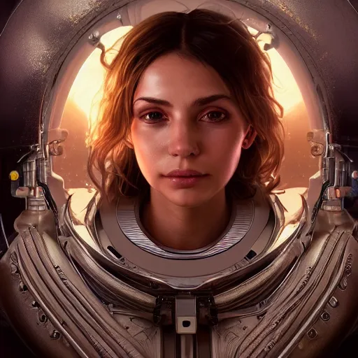 Image similar to hyperrealistic ultra detailed unreal engine 5 RTX raytracing nvidia photograpic portrait of a pretty woman, astronaut space pirate, fantasy, intricate, elegant, highly detailed, digital painting, artstation, concept art, smooth, sharp focus, illustration, art by artgerm and H R Giger and alphonse mucha