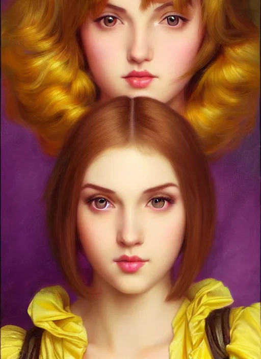 Image similar to princess peach, brown hair, bob cut, yellow highlights, bright purple ball gown, beautiful face, oil on canvas, art station, beautiful brown eyes, by j. c. leyendecker and edmund blair leighton and charlie bowater, beautiful face, octane, very aesthetic, stunning beautiful brown eyes