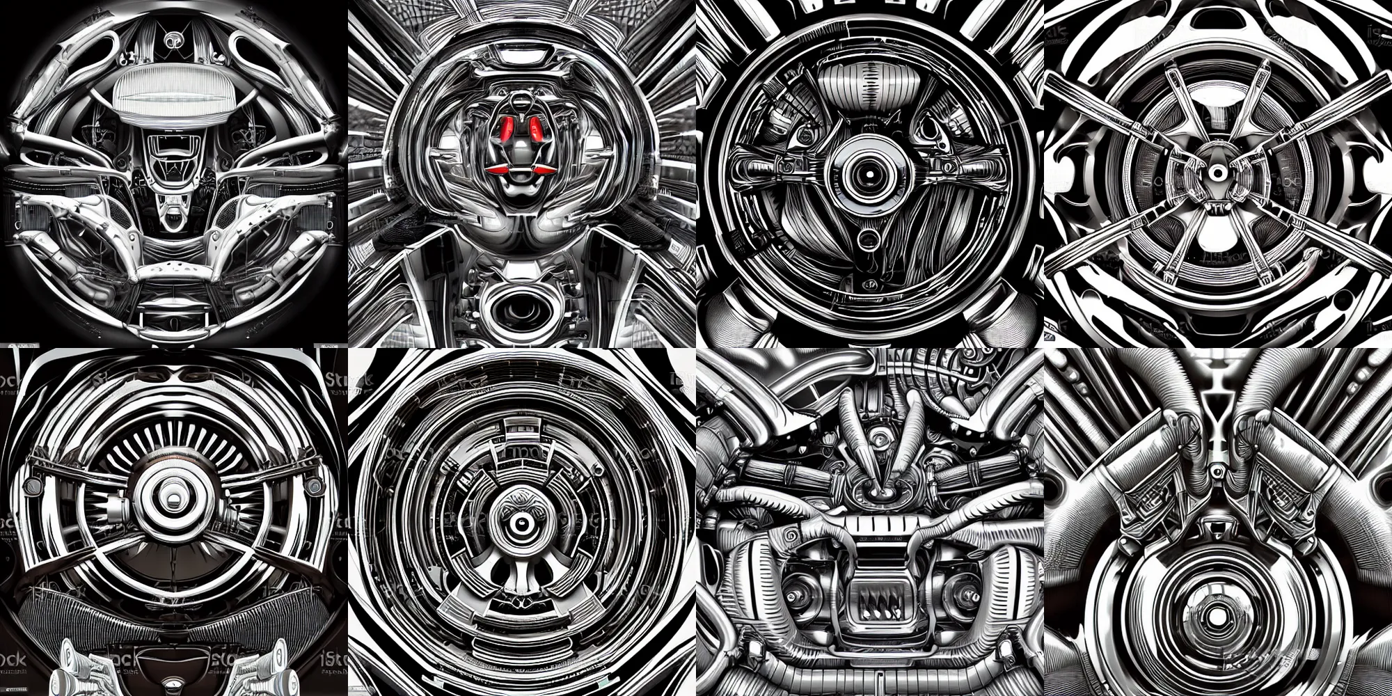 Prompt: closeup of car engine , vector art, vector, biomechanical, mechanical, symmetry, symmetric, in the style of h.r giger, norman rockwell, giger, highly detailed, soft lighting, 8k resolution, oil on canvas