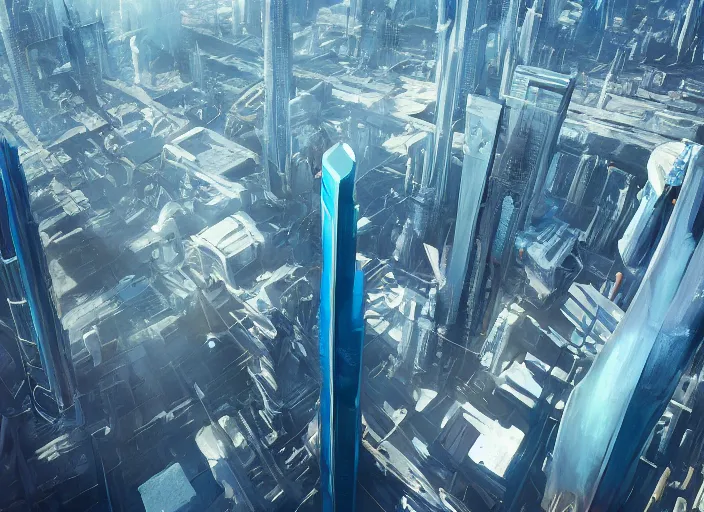 Image similar to painting of a tall futuristic city from above the clouds, intricate abstract. delicate artwork. by Tooth Wu, wlop, beeple, dan mumford. octane render, trending on artstation, greg rutkowski very coherent symmetrical artwork. cinematic, hyper realism, high detail, octane render, 8k, depth of field, bokeh. chrome accents.