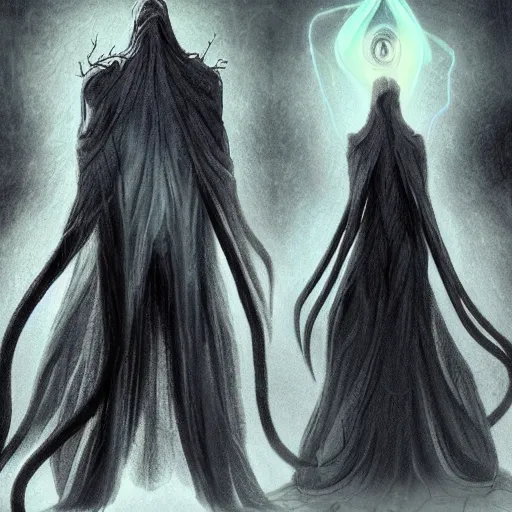 Image similar to concept designs for an ethereal wraith like figure with a squid like parasite latched onto its head and long tentacle arms that flow lazily but gracefully at its sides like a cloak while it floats around a forgotten kingdom in the snow searching for lost souls and that hides amongst the shadows in the trees, this character has hydrokinesis and electrokinesis for the resident evil game franchise with inspiration from the franchise Bloodborne and the mind flayer from stranger things on netflix