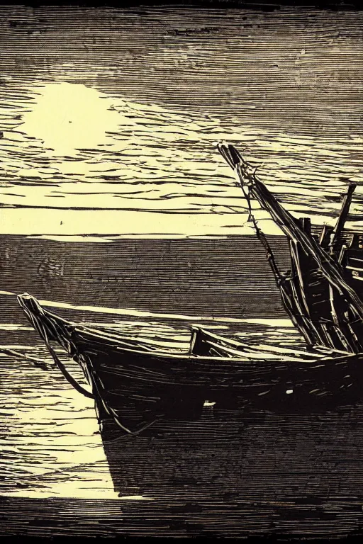 Image similar to a beautiful woodcut print of an old wooden fishing boat, 8 k, frostbite 3 engine, cryengine, dof, trending on artstation, digital art, crepuscular ray, art by roy l davies and tugboat printshop