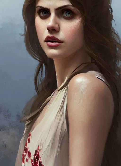 Prompt: a digital painting of Alexandra Daddario wearing a kaftan dress, by netter, beautiful, gorgeous, long hair, style from greg rutkowski, beautiful eyes, full frame, oil painting, featured on artstation, concept art, smooth, sharp focus, illustration, very detailed, ambient lighting, unreal engine render, concept art by Atey Ghailan, by Loish, by Bryan Lee O'Malley