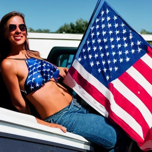 Image similar to photo of woman in the back of a pickup truck wearing bikinis drinking beer waving the american flag.