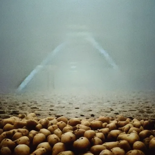 Prompt: Beautiful Liminal Grainy foggy disposable-camera Photograph of a infinite infinite infinite Town with many potatoes potatoes potatoes potatoes on the floor