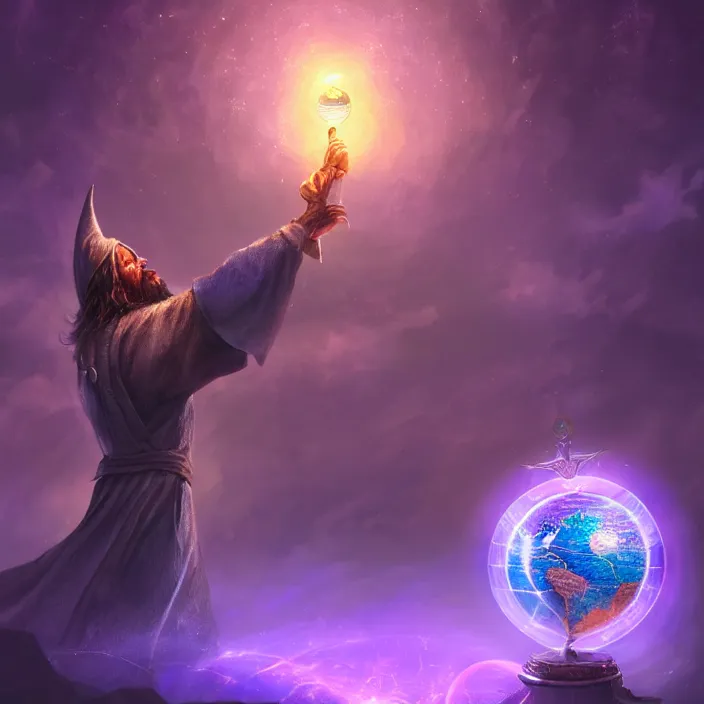 Prompt: A magical globe with a wizard trapped inside, the wizard is knocking on the globe from the inside. Magic, purple lighting, flux. High fantasy, digital painting, HD, 4k, detailed.