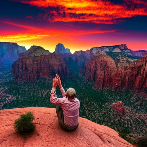 Image similar to highly detailed concept art of award winning cinematic still of man praying with hands up in zion national park, rock formations, colorful sunset, epic, cinematic lighting, dramatic angle, heartwarming drama directed by Steven Spielberg, t, wallpaper