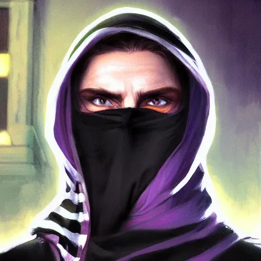 Image similar to ultra realistic illustration, man in a black hood, in a striped purple balaclava, mysterious, highly detailed, digital painting, artstation, concept art, smooth, sharp focus, illustration, art by artgerm and greg rutkowski and alphonse mucha