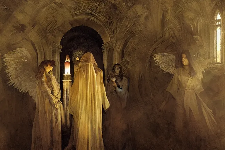 Image similar to inside a tomb, dark scene, light coming in from the left, dark scene, 3 mourning women in colored robes, 2 angels with feathered wings | medium close | fibonacci composition, by greg rutkowski, craig mullins, alphonse mucha