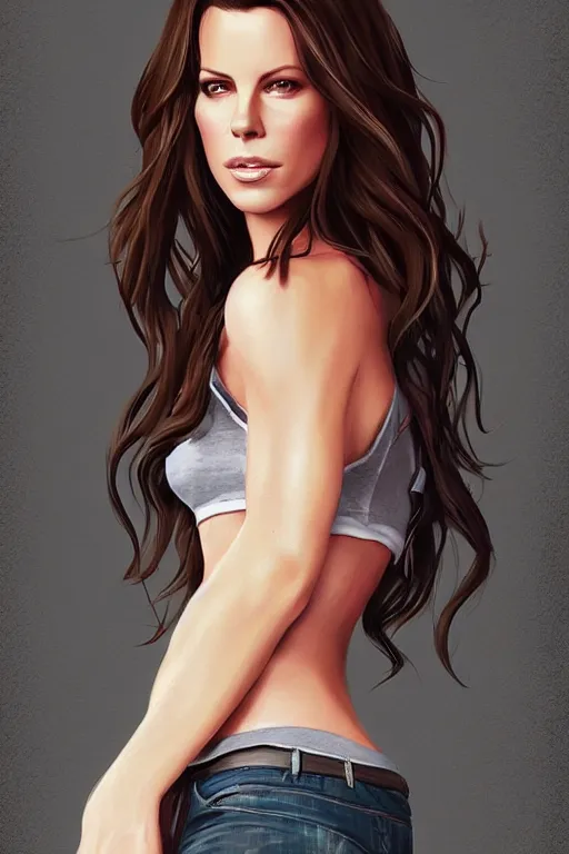 Prompt: Kate Beckinsale in a t-shirt and jeans, digital painting, artstation, concept art, illustration, by Ross Tran, WLOP