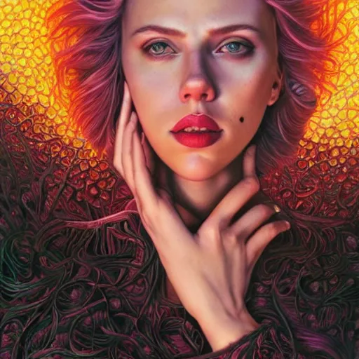 Image similar to portrait of scarlett johansson, hyper detailed masterpiece, neon floral pattern, jean giraud, digital art painting, darkwave goth aesthetic, psychedelic, artgerm, donato giancola and tom bagshaw