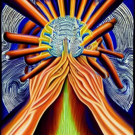 Image similar to Alex Grey painting of a migraine