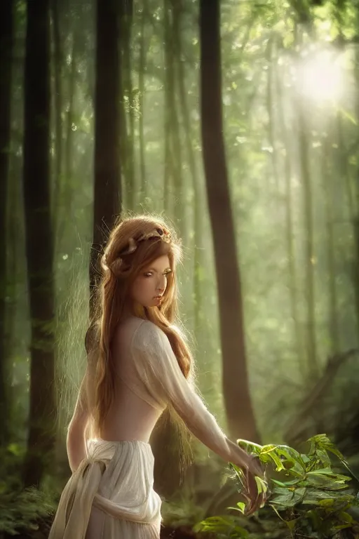 Image similar to beatiful elf princess in a secret forest, 3 / 4 chest view, hair jewellery, fully clothed, light mist, light rays sieving through the trees, shallow depth of field, by yuumei