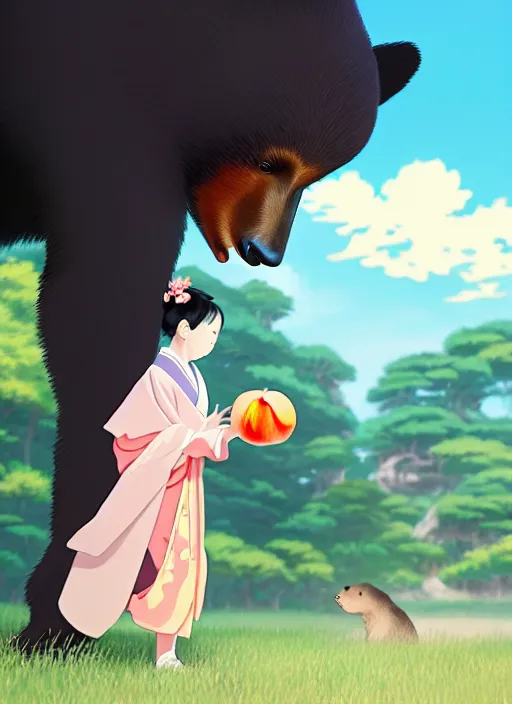 Image similar to painting of a girl wearing a kimono giving a peach to an anthropomorphic asian black bear, featured in artstation, octane render, cinematic, elegant, intricate, 8 k, close up, in the style of studio ghibli and heikala and most famous japanese artists,