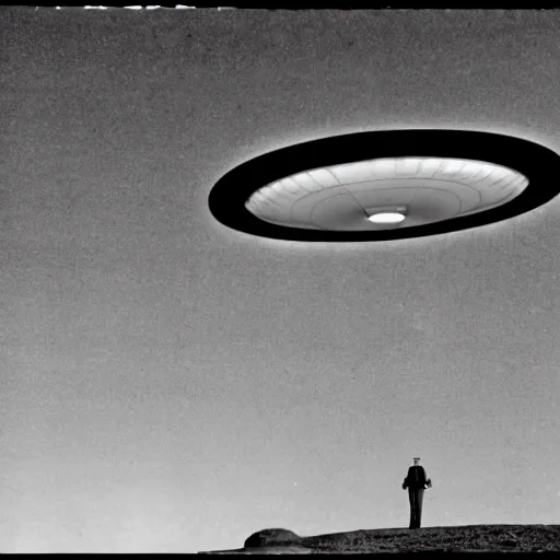 Image similar to president eisenhower aboarding a ufo in the desert as high ranked government officials are watching, black and white old photo