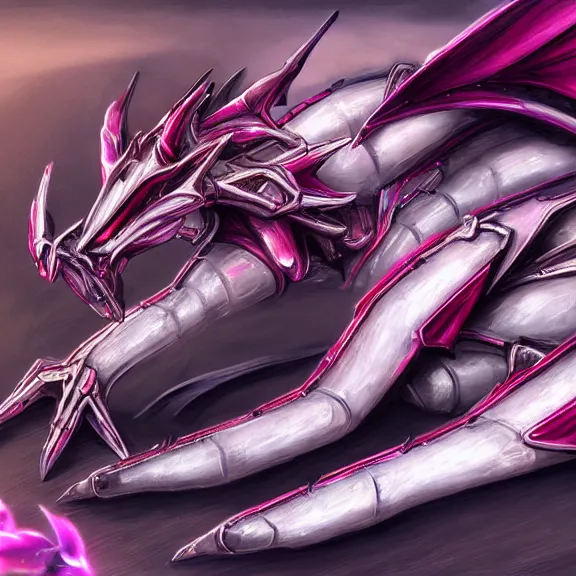 Image similar to very close up foot shot, detailed foot shot, hyperdetailed elegant beautiful stunning anthropomorphic mecha hot female dragon showing detailed sharp dragon claws close to camera, laying on beach, sharp claws, sharp silver armor, fuchsia skin, dragon art, warframe destiny fanart, paw art, furry paws, furaffinity, deviantart, octane, ekasportal