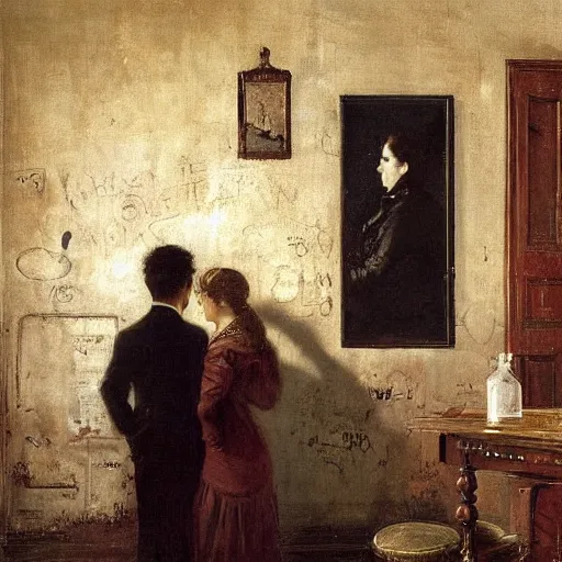 Prompt: a young man and a young woman solving an escape room puzzle, mysterious markings on the wall, by alfred stevens