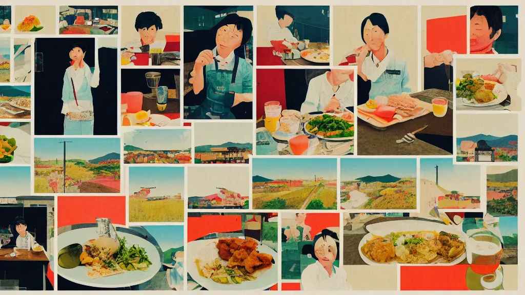 Image similar to tourist's meal on the bullet train, rural japan, a collage painting, in the style of wes anderson, lola dupre, david hockney, isolated on negative white space background dark monochrome neon spraypaint accents volumetric octane render