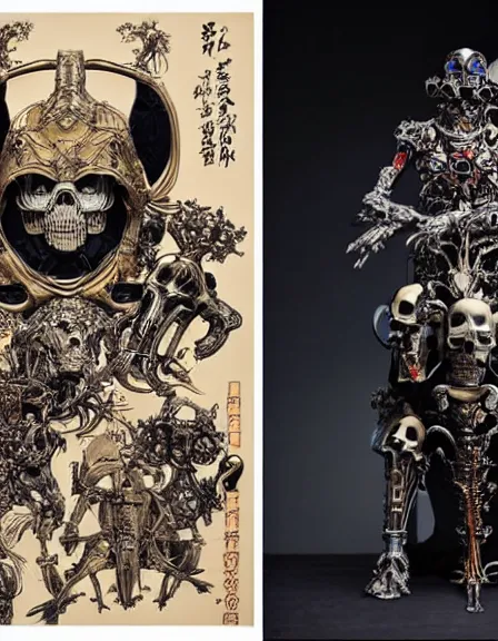 Image similar to still frame from Prometheus by utagawa kuniyoshi , lich king Dr doom in ornate bio cybernetic bone armour and skull mask helmet in bone chapel by Wayne Barlowe by peter Mohrbacher by giger , dressed by Alexander McQueen and by Neri Oxman, metal couture hate couture editorial