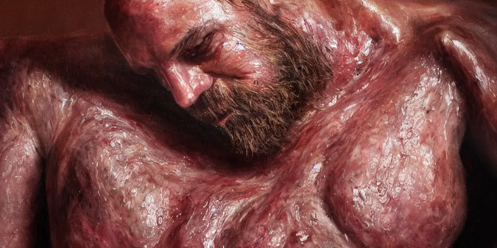 Prompt: details of flesh and skin, body hair, painitng, meat, pores and wrinkles and muscle tissues, oil on canvas, 4k, 8K, photorealistic, soft light, cinematic lighting, sharp, contrasting, illusion