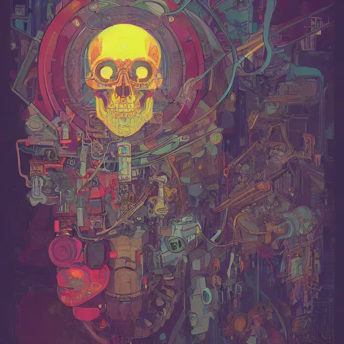 Prompt: a beautiful painting of a cyberpunk skull by simon stalenhag and pascal blanche and alphonse mucha. in style of digital art. colorful comic, film noir, symmetry, hyper detailed. octane render. trending on artstation