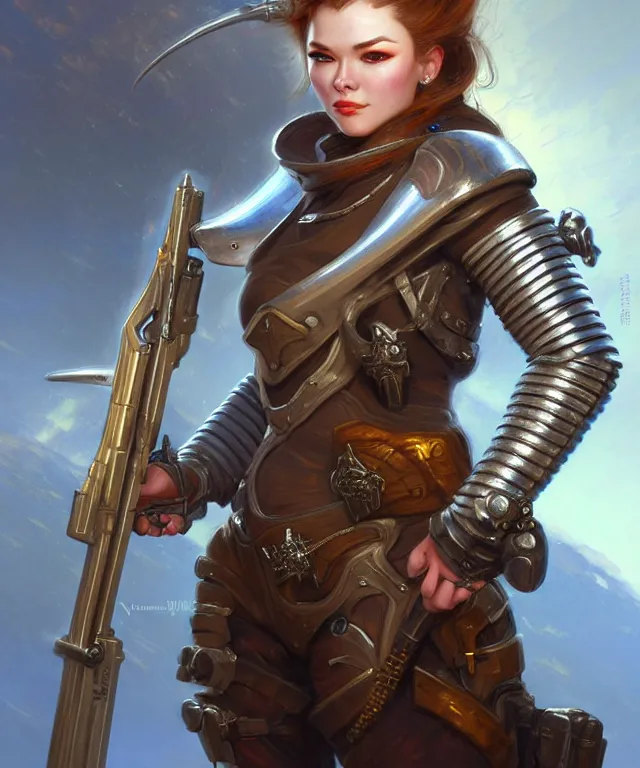 Prompt: fantasy portrait of a female gunner character, holding a silver gun in a medieval world by yu cheng hong, thomas kinkade and miranda meeks, highly detailed, perfect features, sharp face focus, illustration, concept art, artstation