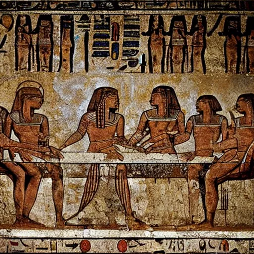 Prompt: on an old stone tomb wall, symbolic ancient Egyptian hieroglyphics depicting The Last Supper by Leonardo Da Vinci