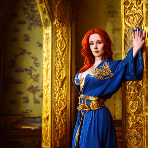 Image similar to Triss Merigold cosplay, beautiful ornate blue and gold robe, golden ornamental leaf shaped festoon, warmly lit posh study, cinematic dramatic lighting, gorgeous female model, unreal engine, cinematic film still, highly detailed
