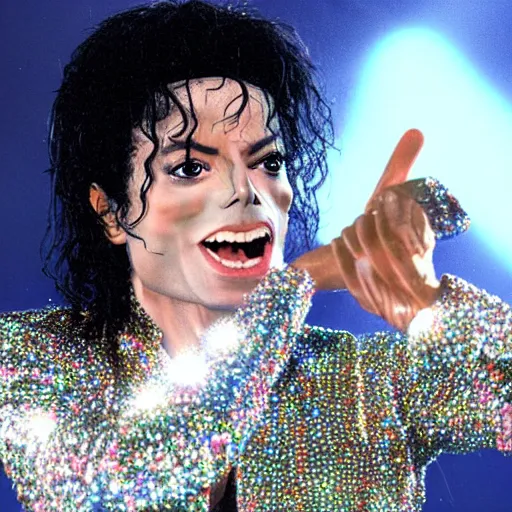 Prompt: close - up award - winning hyperdetailed photograph of 5 0 year old thin!!!! skinny!!!!! michael jackson smiling on stage at his concert, wearing diamond futuristic crystal sparkling jacket with shoulder pads, spotlights and flashing colors behind him, massive crowd, stunning lighting, studio quality, 4 k, this is it, vevo 2 0 0 9