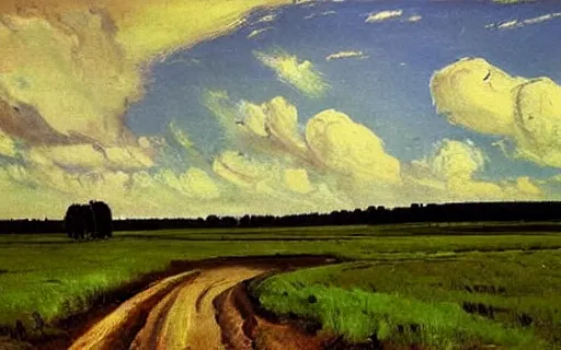 Prompt: painting of landscape, road, grass, sky, thunder clouds, forest, horizon, river, pastoral, artwork by isaac levitan