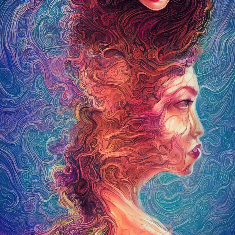 Prompt: portrait of a woman with swirling hair and fractal skin by killian eng, retrofuturism, psychedelic art reimagined by industrial light and magic