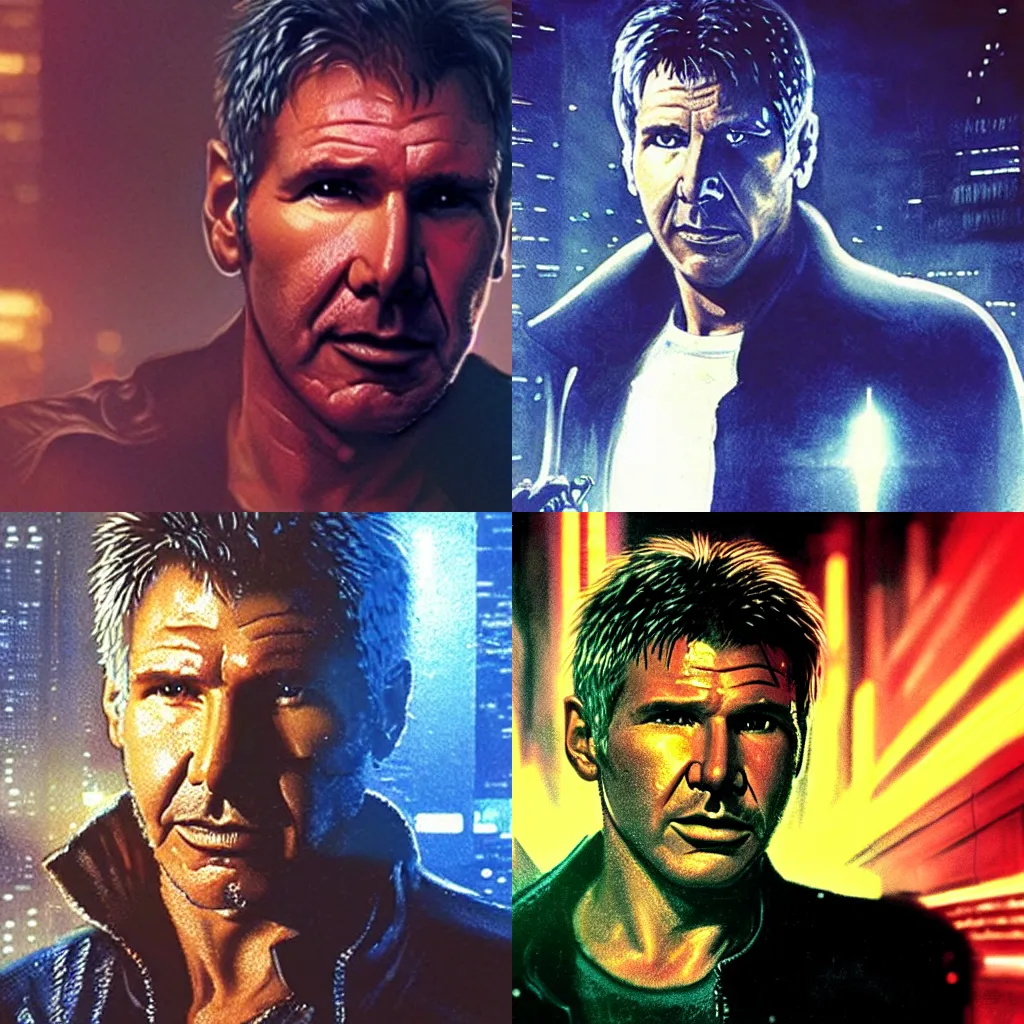 Prompt: portrait of harrison ford as deckard, blade runner, cyber punk, gritty, dramatic lighting, hyperdetailed, hyperrealistic