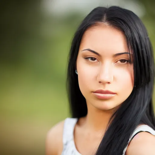 Image similar to young woman with long messy black hair, slightly smiling, 1 3 5 mm nikon portrait