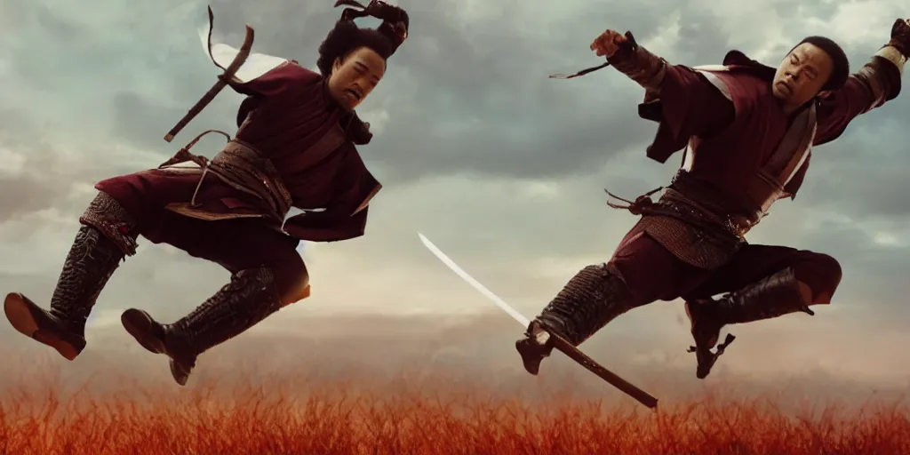 Image similar to a film still of a light skinned black man starring as an ancient samurai flying doing a flying kick, japanese blockbuster film, the sky is red, shallow depth of field, cinematic, award winning cgi, vfx, film still