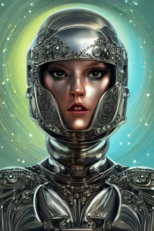 Image similar to retro-futuristic portrait of a beautiful female android in dusty chrome armour, dancing pose, ornate background, ornate pattern, glowing eyes, evil expression, high details, intricate details, renaissance style, painting by vincent di fate, artgerm julie bell beeple, 80s, Smooth gradients, High contrast, depth of field, very coherent symmetrical artwork