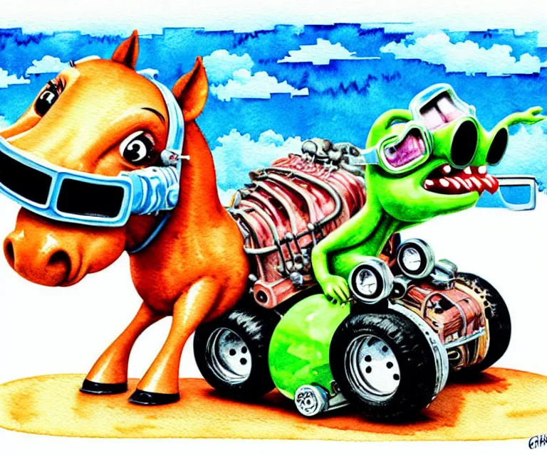 Image similar to cute and funny, horse wearing goggles driving a tiny hot rod with an oversized engine, ratfink style by ed roth, centered award winning watercolor pen illustration, isometric illustration by chihiro iwasaki, edited by craola, tiny details by artgerm and watercolor girl, symmetrically isometrically centered