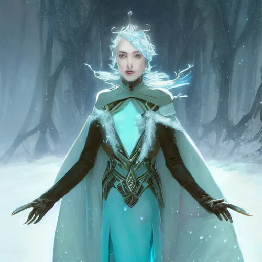 Image similar to a mid - shot portrait of a snow elf in a turquoise cape and silver armor with a bow, pale skin, winter vibes, intricate, elegant, art by artgerm and greg rutkowski and alphonse mucha, concept art, sharp focus, octane render, cgsociety