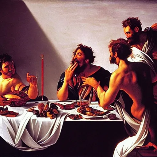 Prompt: Zeus at a feast, cinematic lighting, detailed, oil painting by Caravaggio