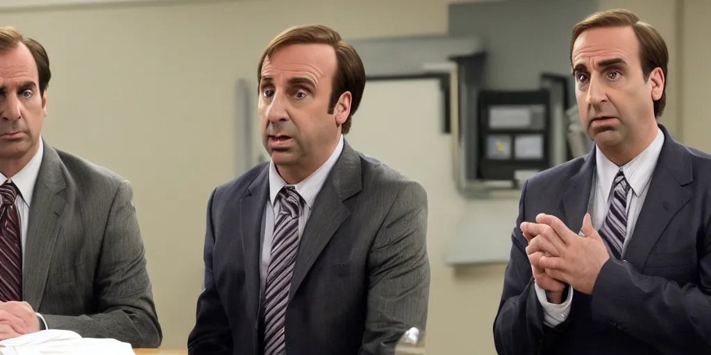 Prompt: saul goodman defending michael scott in a court