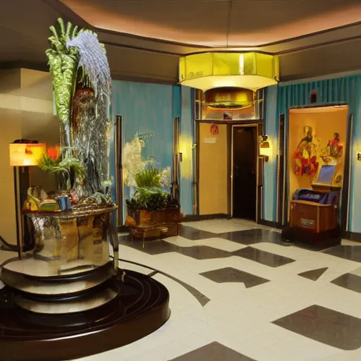 Prompt: Art deco hotel lobby, diorama by Joan Steiner