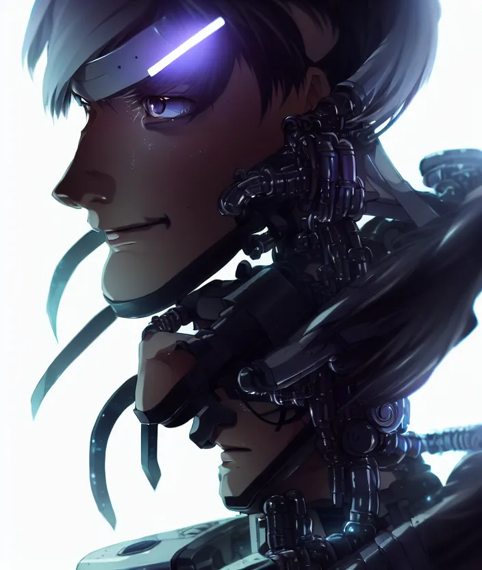 Image similar to a detailed manga illustration character full body portrait of a dark haired cyborg anime man, half of his face is cybernetic, trending on artstation, digital art, 4 k resolution, detailed, high quality, sharp focus, hq artwork, insane detail, concept art, character concept, character illustration, full body illustration, cinematic, dramatic lighting