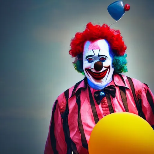 Prompt: photo of a clown on top of a house with a balloon in his left hand, taken with canon eos - 1 d x mark iii, bokeh, sunlight, studio 4 k