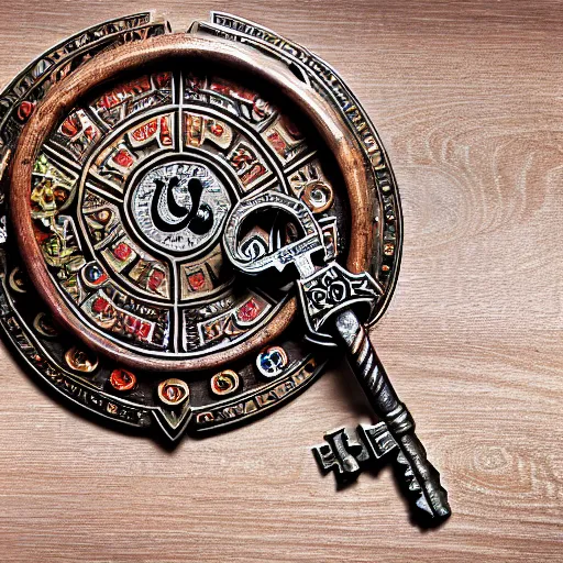 Image similar to a large ornate key with gems and engraved runes, on a rough wooden dungeon table, torchlit, d & d, photo