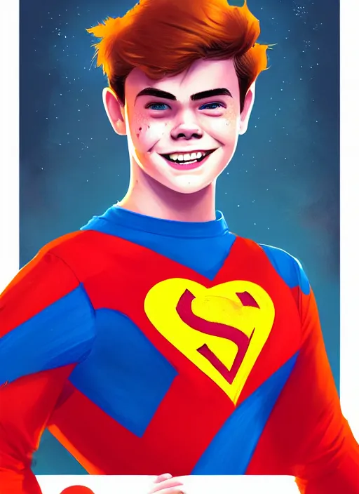 Image similar to friendly teenage archie andrews wearing an orange superhero costume with heart logo, heart, freckles, blue cape, heart emblem on chest, blue cape, intricate, elegant, glowing lights, highly detailed, digital painting, artstation, sharp focus, illustration, art by wlop, mars ravelo and greg rutkowski